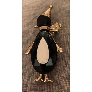 Vtg Xmas Penguin Figure Brooch Jet White Crystal